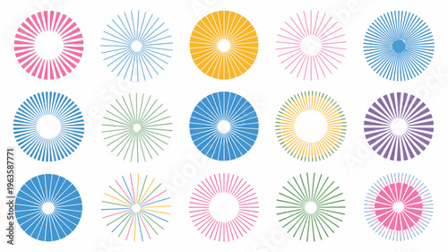 An arrangement of colorful circular patterns radiates outward from central points creating a vibrant and abstract composition on a white background high quality professional detailed modern