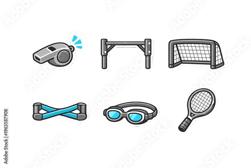 Sports equipment and tools displayed together on a simple background for various athletic activities and training sessions