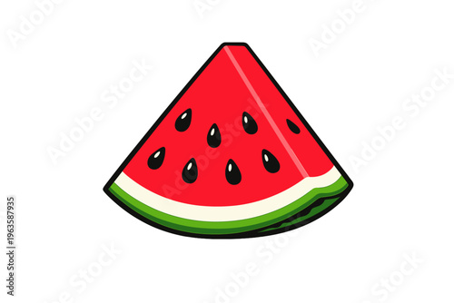 Watermelon slice cut in half showing red flesh and black seeds with green rind on a white background