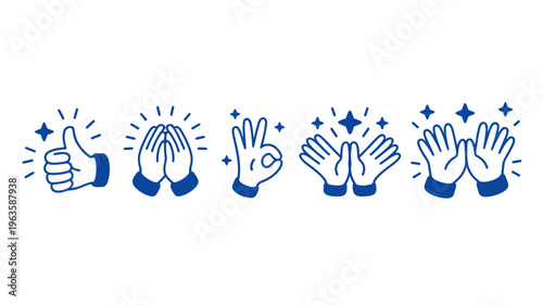 A series of five blue hand illustrations depict different expressions of applause and positive encouragement showcasing various gestures high quality professional detailed modern elegant stylish clean