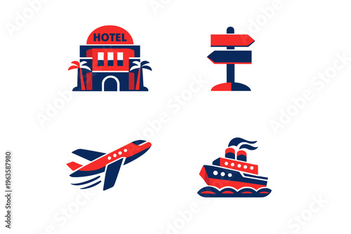 Icons showing travel themes with hotel, airplane, ship, and signpost in vibrant colors on a white background