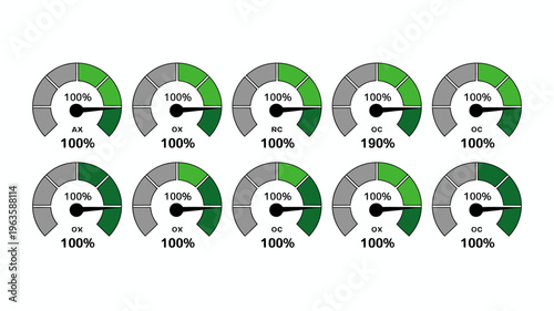 A series of circular gauges display performance metrics most show 100 completion with one exceeding it high quality professional detailed modern elegant stylish clean crisp vibrant