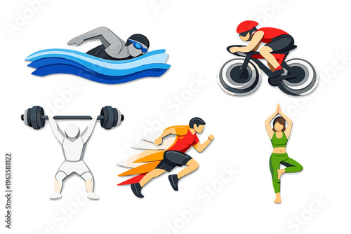 Various sports activities displayed in creative illustrations showing swimming, cycling, weightlifting, running, and yoga practice