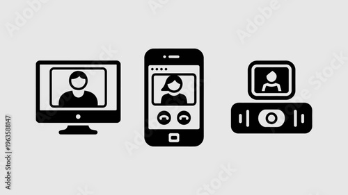A set of three black glyph icons displays various devices a computer smartphone and smart speaker all engaged in video calls high quality professional detailed modern