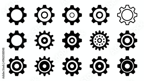 A collection of black and white gear icons and settings symbols are displayed in varying sizes and designs arranged on a white background high quality professional