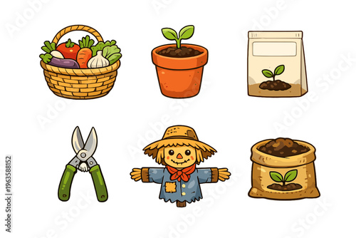 Gardening tools and plants in a simple layout focusing on growing vegetables and flowers