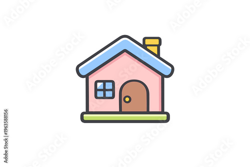 Cartoon house with pink walls and blue roof located on a green lawn near a road showing simple design and clear lines
