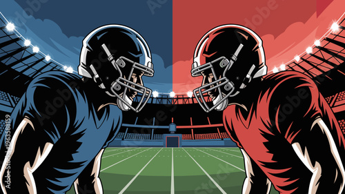 An illustration depicts two american football players facing each other poised for a tackle on a brightly lit field high quality professional detailed modern elegant stylish