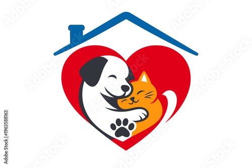 Animals show love in a heart shape with a dog and cat inside a house symbol