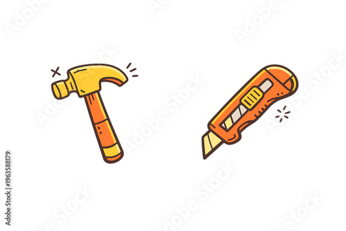 Tools for DIY projects on a plain background with focus on hammer and utility knife