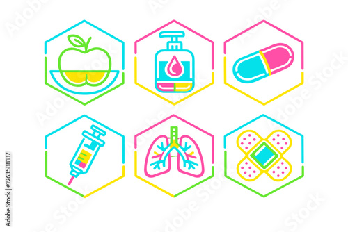 Icons showing health and wellness items such as food, medicine, and medical tools in bright colors and simple designs