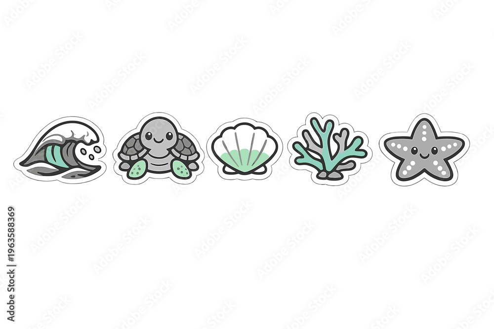 Obraz premium Designs of marine life stickers include a wave, turtle, shell, coral, and starfish, showcasing ocean wildlife in a simple layout