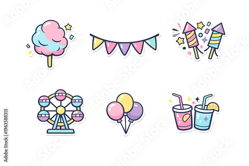 Colorful festival items with cotton candy, balloons, drinks, and decorations found at a summer fair or carnival