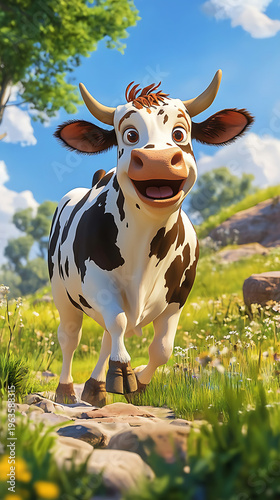 Holstein cow standing in grassy farm field under dramatic sunset sky high resolution picture