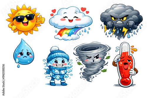Weather symbols show emotions and actions related to sun, rain, snow, storms, and temperature changes in a colorful and fun way
