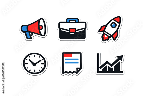 Various icons representing business and time management concepts shown in a simple layout