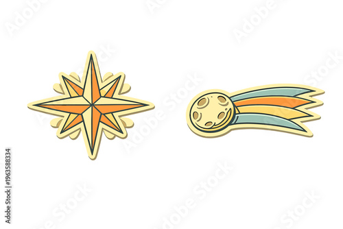 Design of a compass rose and a comet with trails in a simple style