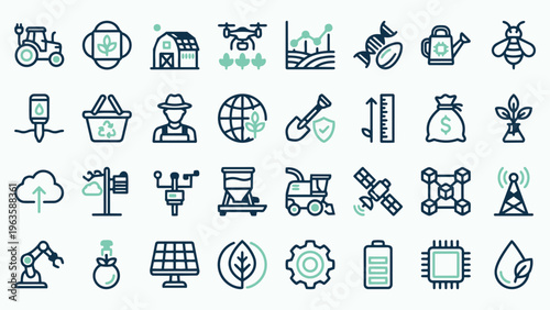 Modern Agriculture and Smart Farming Icons Collection - Vector Line Art for Sustainable Food Production