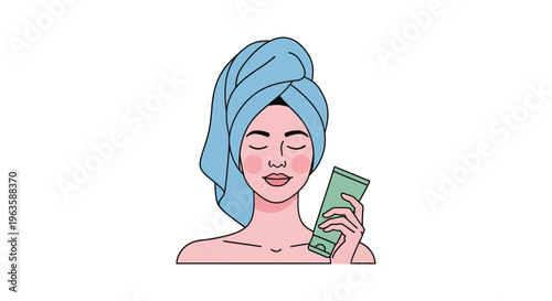 Woman with blue towel on head relaxing with green tube of cream in calming minimalist illustration for skincare advertising