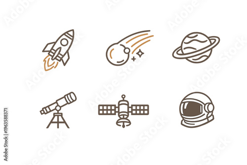 Explore space with rockets, planets, and astronauts in a fun design featuring telescopes and satellites for learning