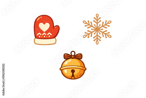 Colorful winter icons show mittens, snowflakes, and jingle bells on a light background for holiday themes and decorations