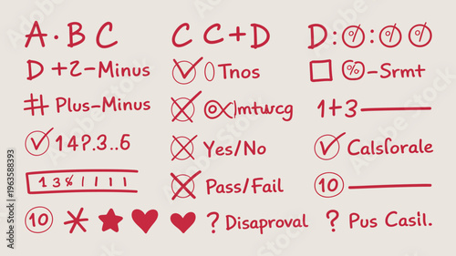 A collection of hand drawn red markings including grades checks symbols and question marks resembling schoolwork corrections high quality professional detailed modern elegant stylish clean crisp