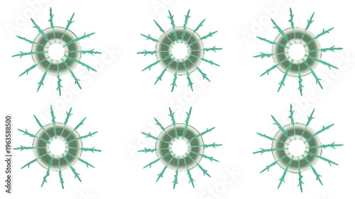 A black background displays a grid of six identical glowing teal circular structures with radiating spike like projections high quality professional detailed modern elegant stylish clean