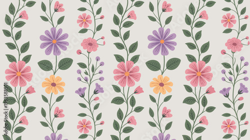 A repeating floral pattern showcases various colorful wildflowers with green stems against a soft neutral beige background high quality professional detailed modern elegant stylish clean crisp