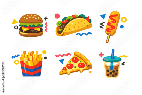 Various fast food items including a burger, taco, fries, pizza, corn dog, and drink on a white background