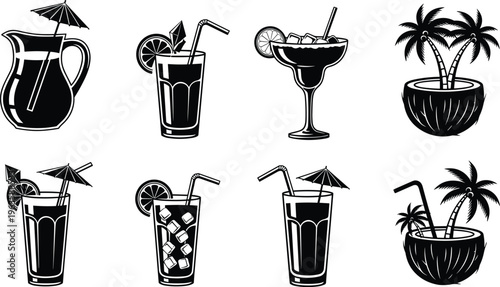 Tropical Cocktail Drinks and Coconut Drink Icons in Silhouette Keywords: cocktail, drink, beverage, tropical, coconut, palm tree