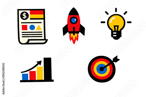 Various icons representing business, growth, and innovation ideas with bright colors and simple designs
