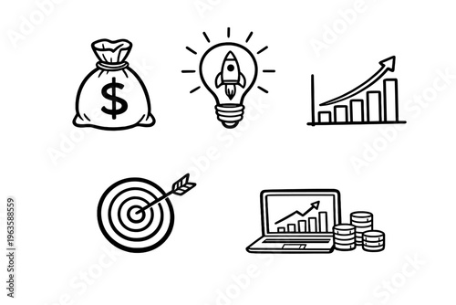 Financial growth and investment concepts with money, light bulb, target, and graphs