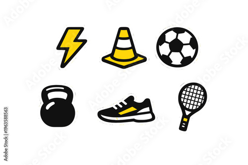 Sports and fitness icons showcase training activities and equipment for physical exercise and games on a plain background