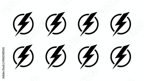 A grid of eight identical black icons depicting a lightning bolt enclosed within a circular frame on a stark white background high quality professional detailed modern