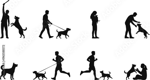 Silhouette collection of people with dogs in playful, jogging, walking, sitting, affectionate poses, pet companionship illustration, isolated vector design