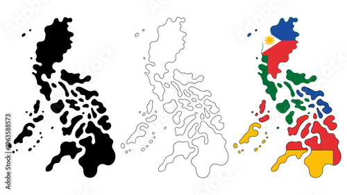 Three representations of the philippines are shown a silhouette an outline and a colorized map displaying the national flag high quality professional detailed modern elegant stylish