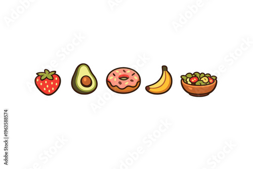 Colorful fruit and snacks arranged in a line on a plain background showcasing simple food items for a fun lunch or snack time