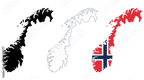 Three depictions of norway s mainland coastline are shown black silhouette white outline and colored with the norwegian flag high quality professional detailed modern elegant stylish