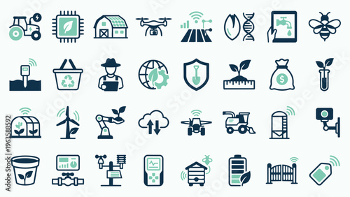 Smart Farming and Agriculture Technology Icons Set - Line Art Vector Illustrations for Modern Sustainable Agriculture