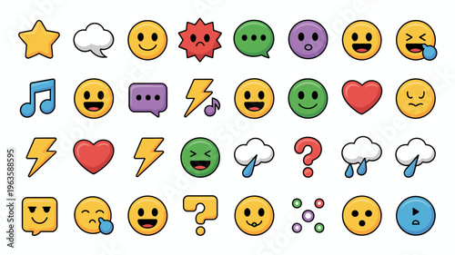 A colorful arrangement of various emoji icons is displayed including smiley faces symbols weather elements and expressive characters high quality professional detailed modern elegant stylish clean