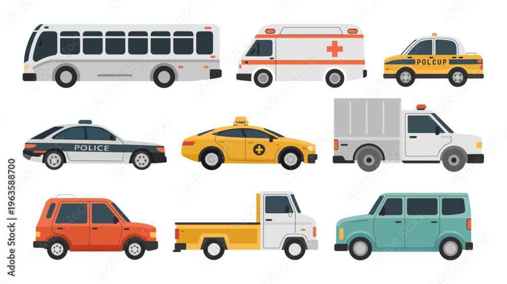 Naklejka premium An assortment of various service and emergency vehicles are displayed including buses police cars ambulances and delivery trucks high quality professional detailed modern elegant stylish clean