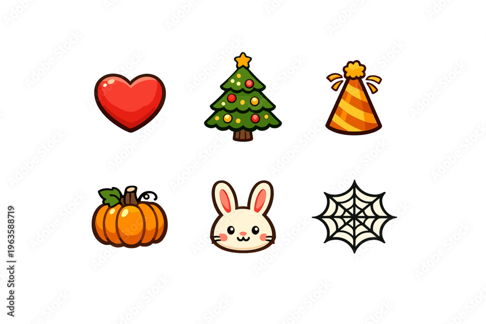 Obraz premium Different colorful symbols including a heart, tree, party hat, pumpkin, bunny face, and spider web in a simple layout