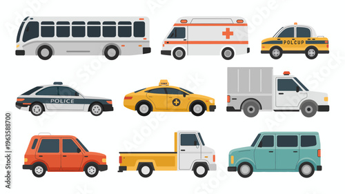 An assortment of various service and emergency vehicles are displayed including buses police cars ambulances and delivery trucks high quality professional detailed modern elegant stylish clean