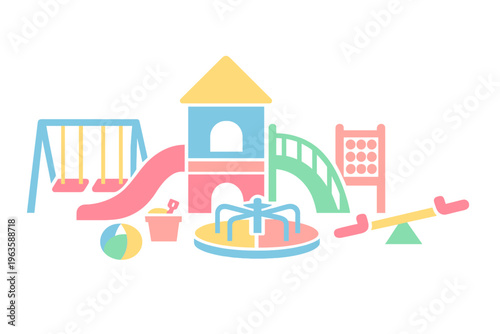 Colorful playground equipment arranged in fun layout for children to enjoy during playtime on a sunny day