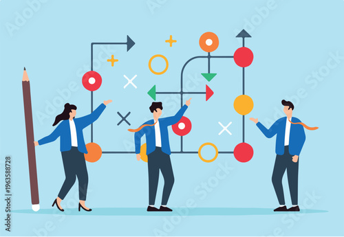 Flat illustration of business team plans for success with tactic chart strategy to overcome obstacles and achieve goals