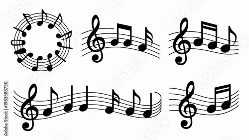A collection of black musical notes and symbols including treble clefs and various note durations arranged in a circular pattern high quality professional detailed modern elegant