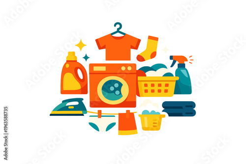 Doing laundry with various supplies and clothing items arranged around a washing machine