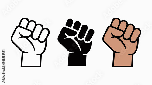 Three illustrations of a clenched fist are displayed varying in skin tone from light to dark against a white background high quality professional detailed modern elegant