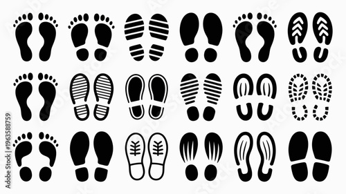 A collection of diverse footprints and shoe sole patterns are displayed in black silhouettes against a clean white background high quality professional detailed modern elegant stylish