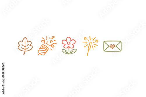 Symbols of celebration with leaf, confetti, flower, sparkler, and envelope at a festive event